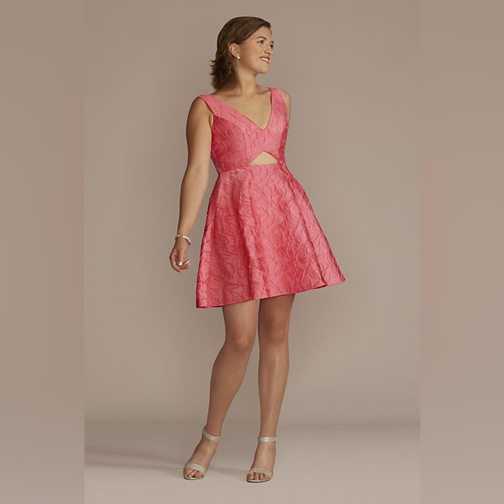 Jules & Cleo Pink Short Floral Jacquard Juniors Dress David’s Bridal